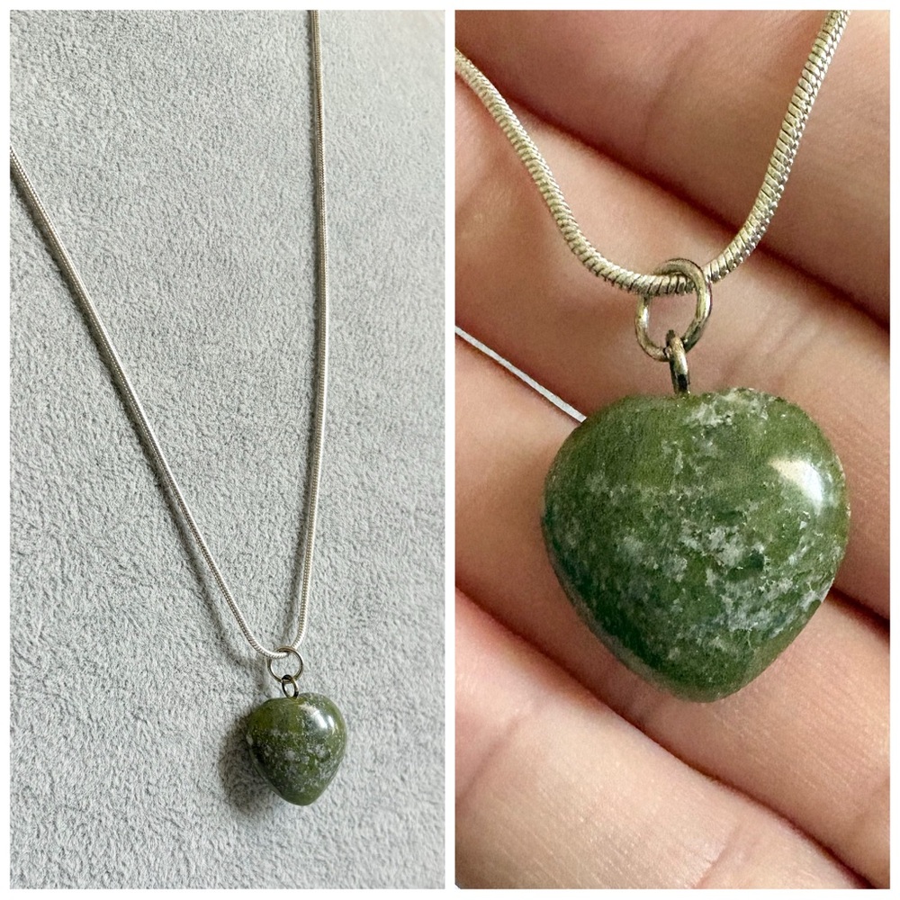 Green Agate Smooth Puffed Heart Stone Pendant Necklace